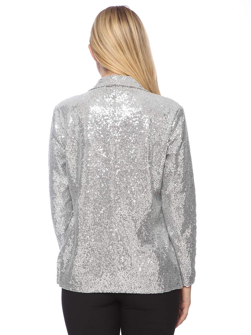 Anna-Kaci Women's Evening Sparkle Sequins Open Front Long Sleeve Blazer Jacket,Silver,Large - Image 2